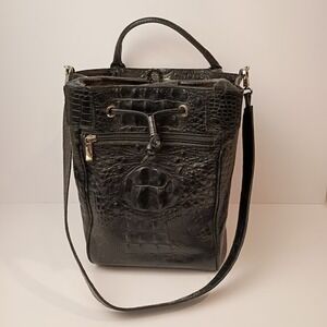 Besso Black Crocodile Embossed Leather Drawstring and Snap Close Bag  w/ Strap